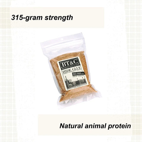 Legit One Pound Bag Of 100 Percent Natural Hide Glue Dry Granules For Lutherie And Woodworking With 315 Gram Strength in clear bag.
