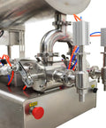 Close-up of Heavy Duty Pneumatic Liquid Filler Workhorse with dual fill nozzles and stainless steel frame for thick pastes.