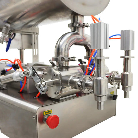 Close-up of Heavy Duty Pneumatic Liquid Filler Workhorse with dual fill nozzles and stainless steel frame for thick pastes.