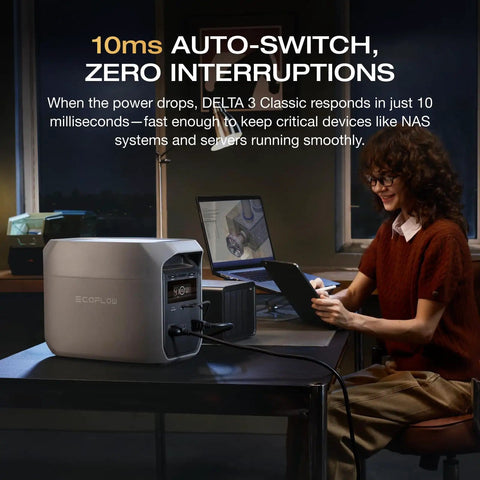 Woman using Delta 3 Classic Go-To Portable Power Station 1024Wh LiFePO4 Battery, 1800W AC Output, 100W USB-C indoors