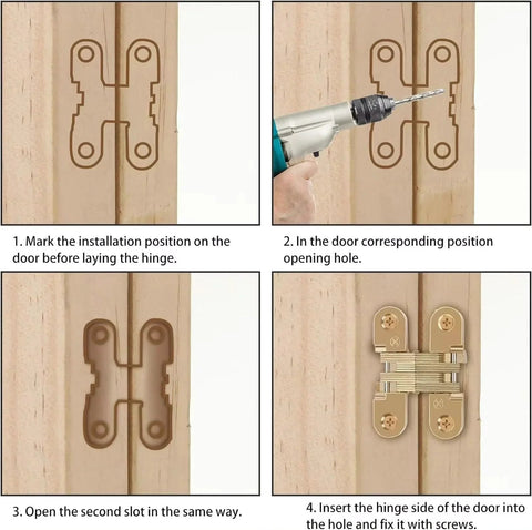 180 Degree Hidden Hinge Zinc Alloy Concealed Cross Door Hinge Kit For Cabinets And Furniture Invisible Mount 1pc Silver Low Profile Design Easy Install Durable Hardware For Smooth Swing installation steps
