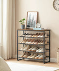 Five Tier Shoe Rack Organizer For Entryway With Adjustable Tilt And Feet Holds 16 Through 20 Pairs Rustic Brown And Black Space Saver