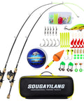 Kids Fishing Rod And Reel Combo Lightweight Telescopic Pole With Spincast Reel Tackle Bag Lures For Youth Beginners Great Starter Fishing Kit For Boys And Girls 2 Pack laid out with accessories