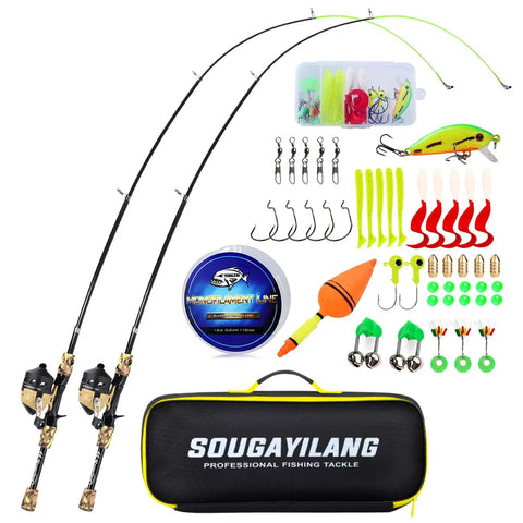 Kids Fishing Rod And Reel Combo Lightweight Telescopic Pole With Spincast Reel Tackle Bag Lures For Youth Beginners Great Starter Fishing Kit For Boys And Girls 2 Pack laid out with accessories