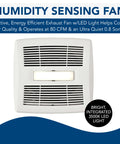 Humidity Sensing Exhaust Fan With LED Light, 80 CFM, Ultra Quiet 0.8 Sones, Energy Star Certified, white front view