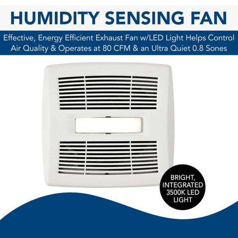 Humidity Sensing Exhaust Fan With LED Light, 80 CFM, Ultra Quiet 0.8 Sones, Energy Star Certified, white front view