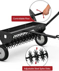 40 Inch Tow Behind Spike Aerator for Lawns with 11 star shaped galvanized plug core tines, transport wheels, tow bar