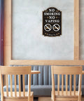 Straight Up No Smoking Or Vaping Sign Top Shelf 12X8 Inch Heavy Duty Rust Free Aluminum Board mounted on cafe wall.