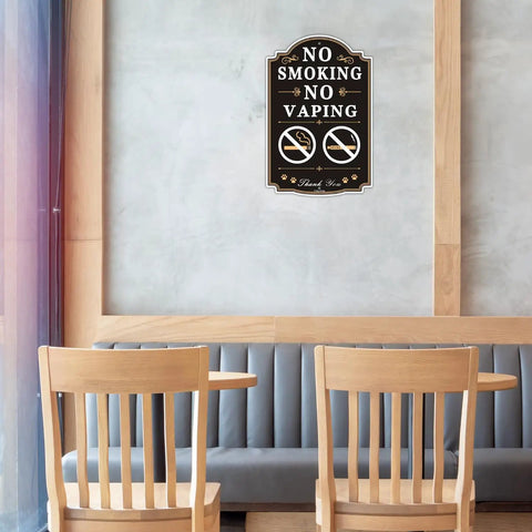 Straight Up No Smoking Or Vaping Sign Top Shelf 12X8 Inch Heavy Duty Rust Free Aluminum Board mounted on cafe wall.