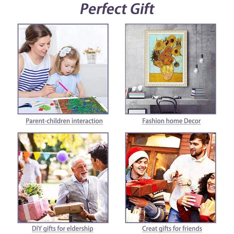 Collage showing Diamond Painting Kit for Grown Ups, 5D Crystal Diamond Art displayed as home decor and gift ideas.