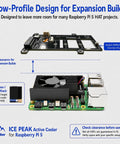 Low-Profile Design for Expansion Builds with ICE PEAK Active Cooler for Raspberry Pi 5, showcasing fan and heatsink layout.