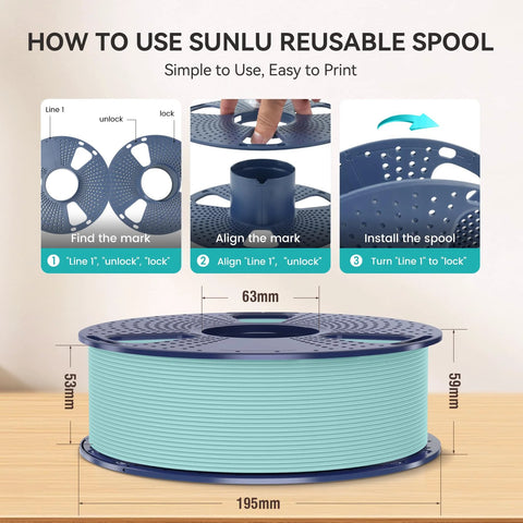 Matte Black PLA Filament 1.75mm 1kg Spool for 3D Printing Dimensional Accuracy showing step-by-step spool installation.