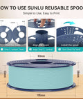 Instructions for using Sunlu reusable spool with Matte White PLA Filament Bundle 1.75mm, showing dimensions and assembly steps.