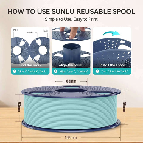 Instructions for using Sunlu reusable spool with Matte White PLA Filament Bundle 1.75mm, showing dimensions and assembly steps.