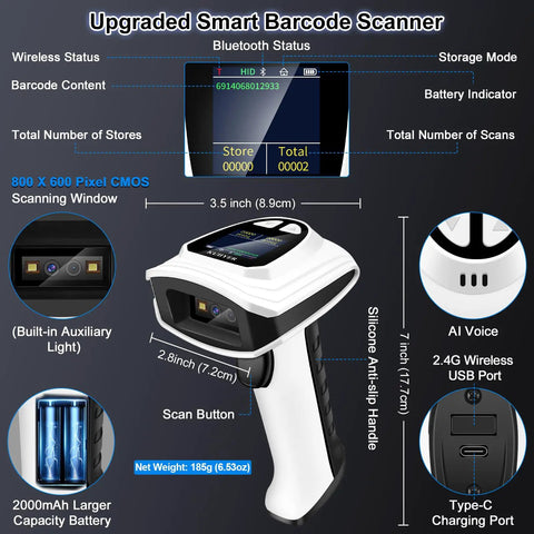 All In One 1D And 2D Barcode Scanner With Bluetooth Wireless Connectivity, Setting Keypad And LCD Display, AI Voice Feedback, handheld