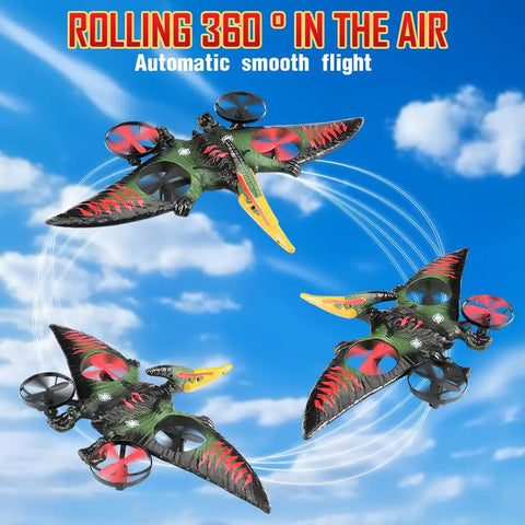 Pterodactyl Dragon RC Drone for kids and adults performing 360-degree rolls in the air against a blue sky backdrop.