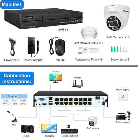 4K PoE Security System With 16 Channel NVR, 16x 8MP Dome Cams, 2.8mm Wide Angle, Smart Dual Light, AI Human And Vehicle Detection, Pre Event Recording, Indoor Outdoor Home Surveillance Kit, No HDD Included components displayed