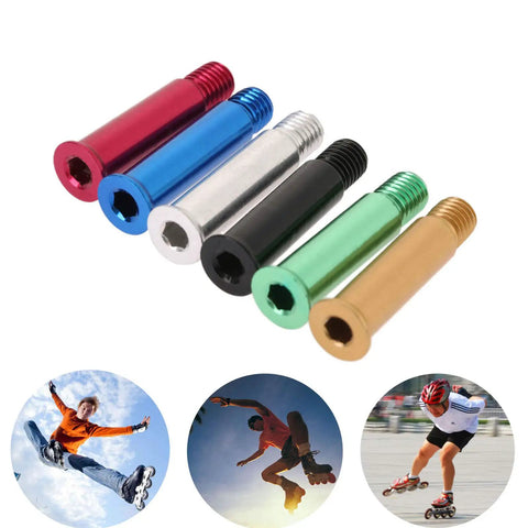 Multicolored screws from Eight Pack Inline Skate Axle Screws For Wheel Fastening, Heavy Duty Steel Replacements For Inline Skates, 0.31 Inch 8mm Bolts For Female Axle Holes, Silver Repair Kit For Skating Shoes, Pro Grade shown with skaters.