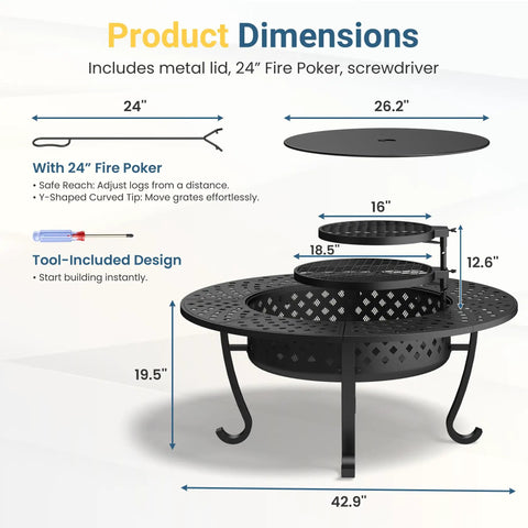 Diagram showing dimensions of Three In One Extra Large Outdoor Fire Pit Table For Backyard Hangouts with grill plates and accessories.