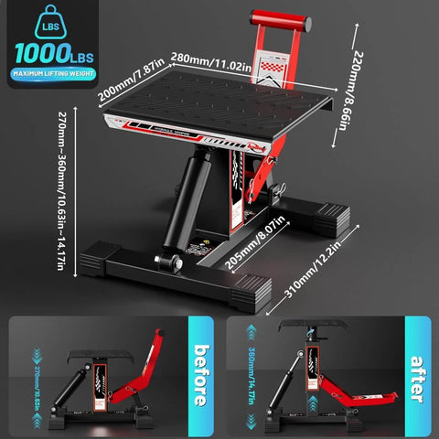 Beefy Dirt Bike Stand With 1000 Lb Hydraulic Lift Jack Hoist Table, Adjustable Height For Dirt Bikes, Pit Bikes And Mini Bikes