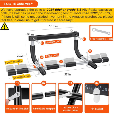 Super Heavy Duty Doorway Pull Up Bar Beast Featuring Thickened Steel Frame And Comfortable High Fiber Foam Handles For Chin Ups And Intense Home Gym Grinds Holding 440 Pounds Securely assembly instructions with measurements.