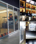 Lit 100 Ft White LED Window Light Strands For Storefront Advertising Waterproof 12V 5050 Modules With Remote Dimmer 10 Pack Kit For Signs And Retail Displays showcasing in use around various windows and storefronts at night.