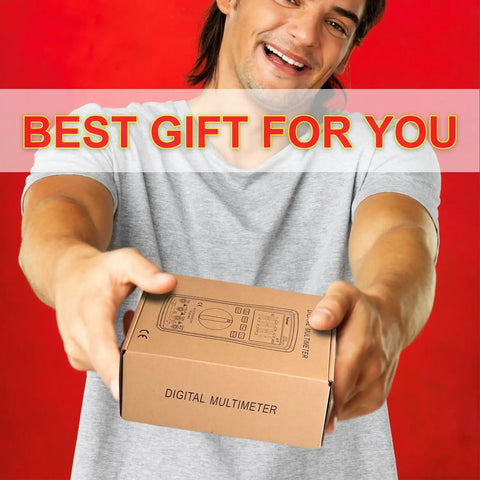 Person holding a box labeled 'Digital Multimeter' with text 'Best Gift for You', focus on Ranging Digital Multimeter TRMS 6000.