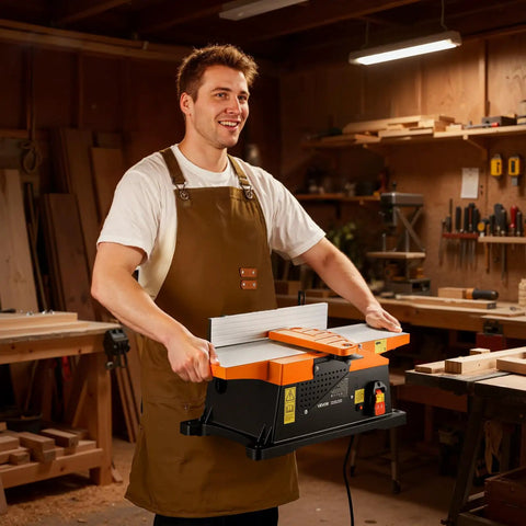 Hardcore 6 Inch Benchtop Wood Jointer Pumping Out Badass 2 HP Power At 12000 RPM held by a smiling man in workshop.