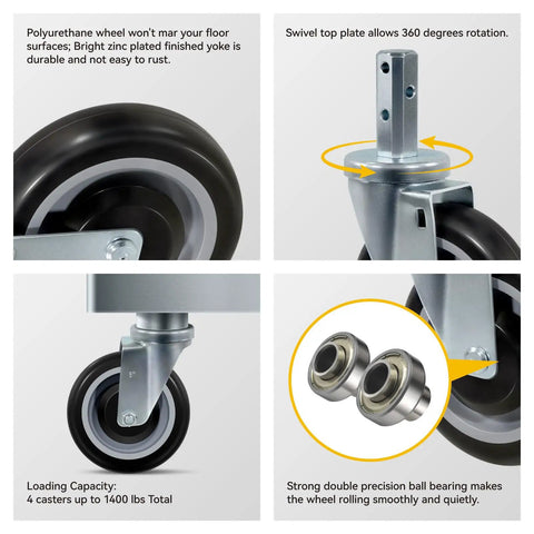 Heavy Duty 5 Inch Swivel Caster Wheels Set Of 4 Built Like A Tank For Heavy Loads featuring polyurethane wheel and 360-degree swivel.
