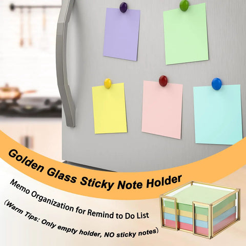 Colorful sticky notes on a refrigerator with Gold Trimmed Glass Sticky Note Holder With Non Slip Pads For 3x3 Inch Notes