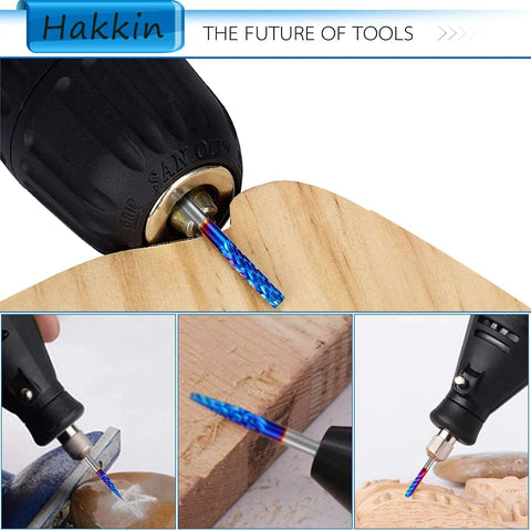 Hakkin 20‑pc carbide rotary burrs set with blue‑coated 1/8in ball-nose end mill for woodworking and engraving