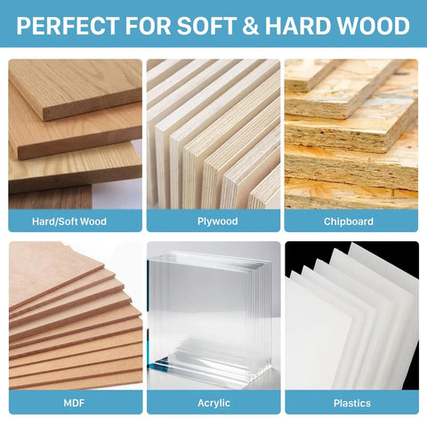 Various materials including hard and soft wood, plywood, chipboard, MDF, acrylic, and plastics, suitable for routing.