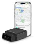 Dead Simple 4G OBD GPS Tracker Featuring Real Time Location Monitoring And Built In Backup Battery For Cars Trucks Vans RV And Motorcycle No Hassle Plug In Setup displayed with smartphone map.
