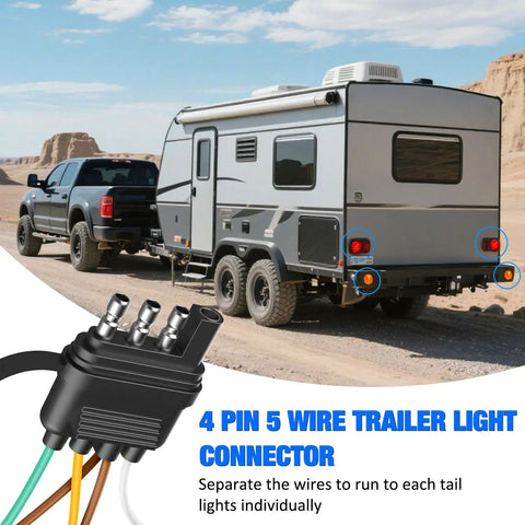 26 Foot 4 Pin 5 Wire Trailer Wiring Harness Kit for boat trailers with 5 wire flat connector shown with RV and connector diagram