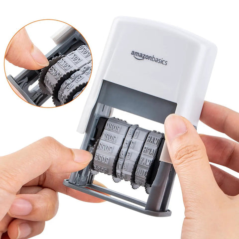 Heavy Duty Self Inking Date Stamp For Office Documents Legal Papers And Corporate Mail Featuring Bold Saturation Marks And A Flexible Ten Year Setting in use, highlighting the adjustable rollers.