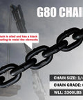Heavy Duty Four Leg Chain Sling Built Tough With Four Safety Hooks Made From G80 Alloy Steel Rigging Gear For Engine Hoists Crushing Tons Up To Six Thousand Six Hundred Pounds close-up view of black coated G80 chain with oil finish.