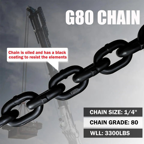 Heavy Duty Four Leg Chain Sling Built Tough With Four Safety Hooks Made From G80 Alloy Steel Rigging Gear For Engine Hoists Crushing Tons Up To Six Thousand Six Hundred Pounds close-up view of black coated G80 chain with oil finish.