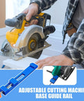 Rock Solid Adjustable Router Base Guide With Portable Saw Rail Track System shows precise cutting tool in use on wood.