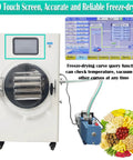 Heavy Duty Four Tray 110V Vacuum Freeze Dryer Machine For Home Kitchens With Stainless Steel Trays, LCD screen, and vacuum pump.