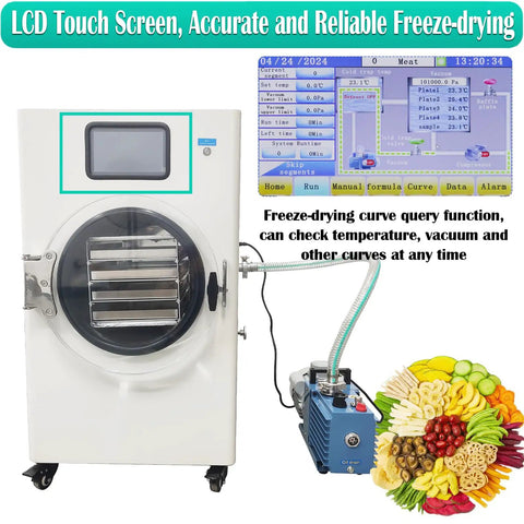 Heavy Duty Four Tray 110V Vacuum Freeze Dryer Machine For Home Kitchens With Stainless Steel Trays, LCD screen, and vacuum pump.