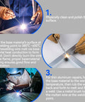 Steps for using 50-Piece Aluminum Brazing Rods 3/32 In By 13 In No Flux Low Temp 716-752 F, showing cleaning and heating.