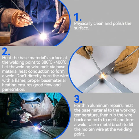 Steps for using 50-Piece Aluminum Brazing Rods 3/32 In By 13 In No Flux Low Temp 716-752 F, showing cleaning and heating.