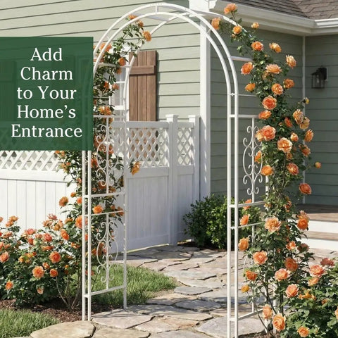 Arch Metal Outdoor Garden Arbor Montebello White 7 Feet Tall Iron Trellis Lattice For Climbing Plants Wedding Arch And Outdoor Patio Decor For Yard Entryway with orange flowers in a garden setting.