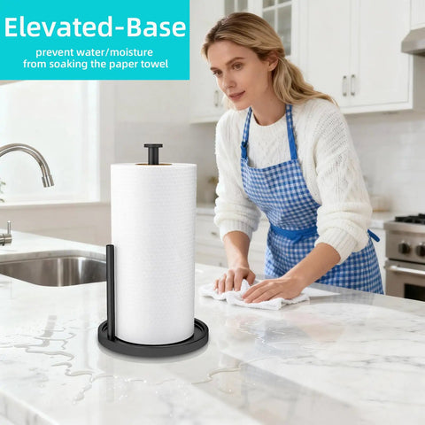 Stainless Steel Freestanding Paper Towel Holder For Countertop with black anti-slip base, with elevated design to prevent moisture.