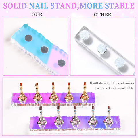 2 Piece Aurora Nail Stand Set for Painting Nails, Magnetic Nail Holder Display With 96 Removable Mounting Tapes, Press On Nail Stand for Nail Art Practice at Home and in Salons, showing silver and gold nail holders on colorful bases.