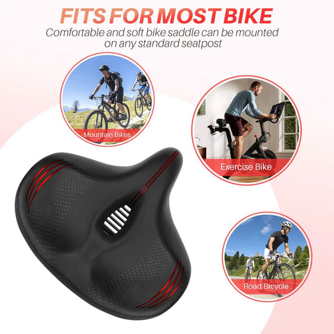 Ultra Wide Memory Foam Bike Seat Cushion For Spin And Exercise Bikes Extra Large 12.6 by 11.4 by 4.7 Inches Thick Cushioned Saddle With Soft Durable Cover Non Slip Red Great For Long Rides black bike saddle for mountain, road and exercise bikes
