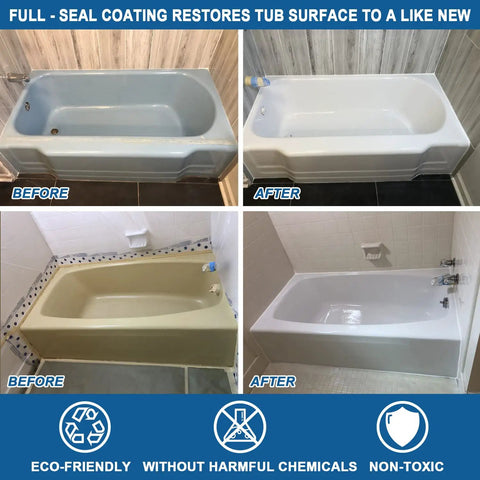 Before and after images of bathtubs using DIY Tub And Tile Refinishing Kit With Tools For Porcelain Enamel Ceramic Tile And Bathtub Makeover White 35 Oz Semi Matte Finish For Fiberglass Plastic Acrylic Stone And Enamel Cast Iron