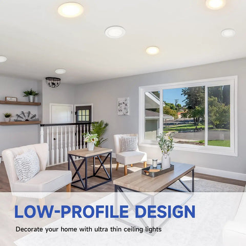 Living room with Heavy Hitter 6 Inch Slim Recessed LED Downlight With Junction Box IC Rated Dimmable Can Light 5000k Daylight.