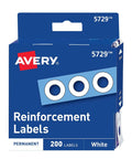 Box of Avery Self-Adhesive 3 Hole Reinforcement Labels for One Quarter Inch Holes, 200 White Durable Poly Vinyl Stickers