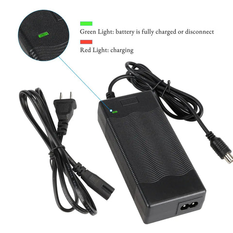 Universal 42V 2A Electric Scooter Charger With 71W Max Output For M365 1S Lite Pro Pro2 MI3 Max G30 ES1 ES2 ES4 Bird Lime Spin Lyft US Plug And Built In Security Protection For Safe Battery Power Supply showing indicator lights